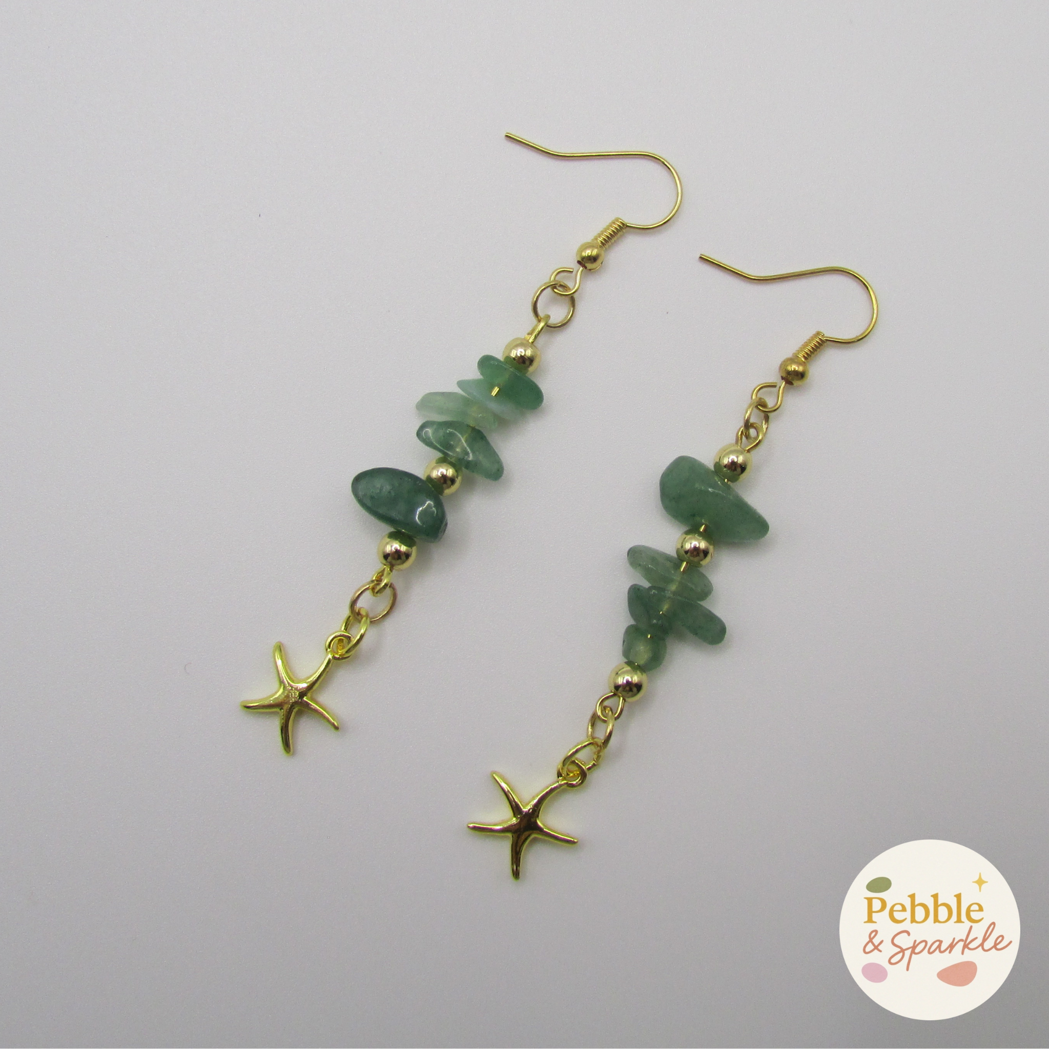 Pebble & Sparkle Green Aventurine Gold Starfish Drop Earrings