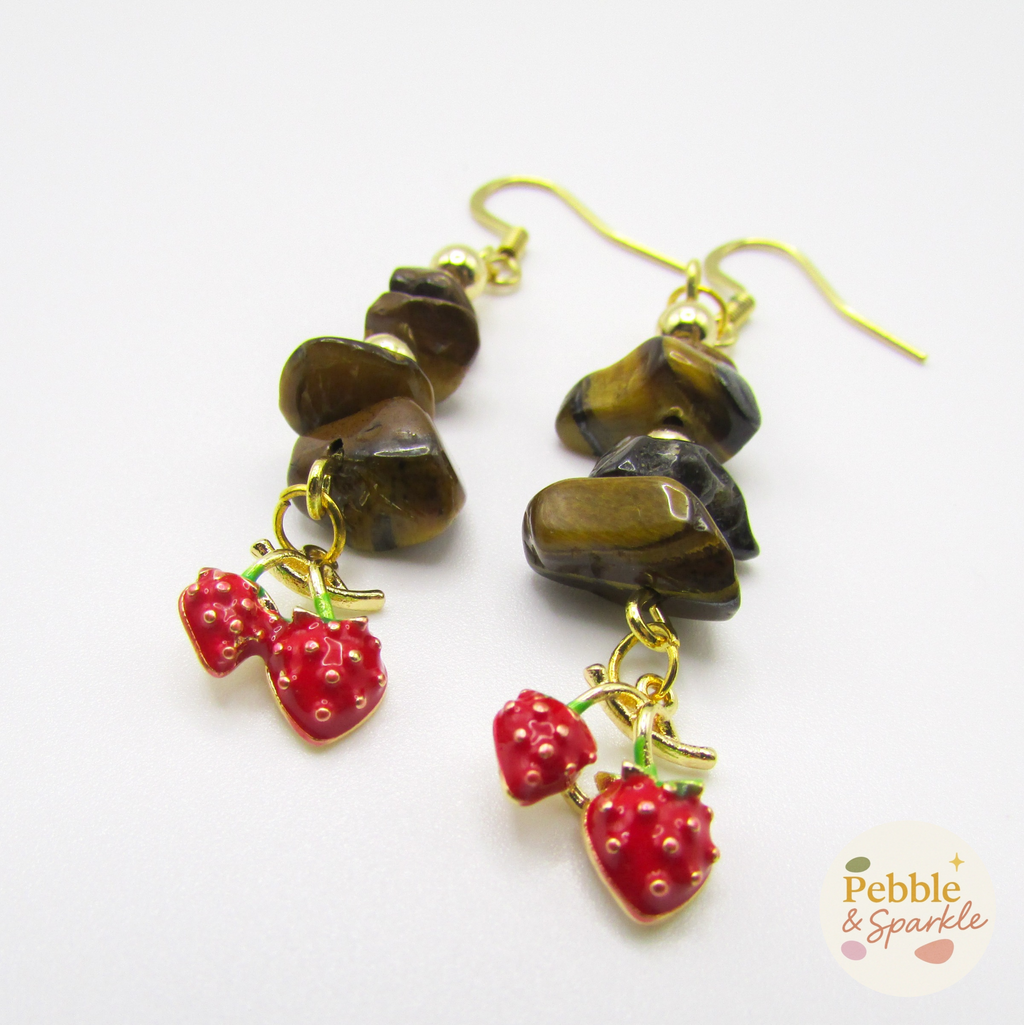 Pebble & Sparkle Tigers Eye Gold Strawberry Drop Earrings