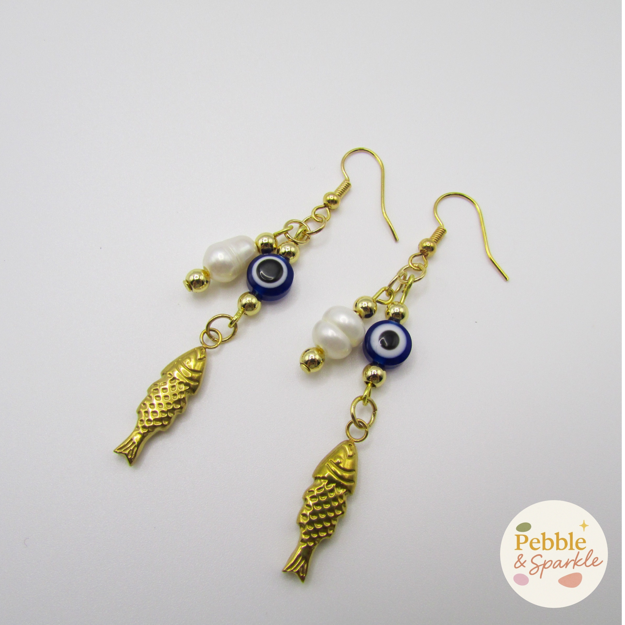 Pebble & Sparkle Evil Eye, Freshwater Pearl and Gold Fish Dangle Earrings