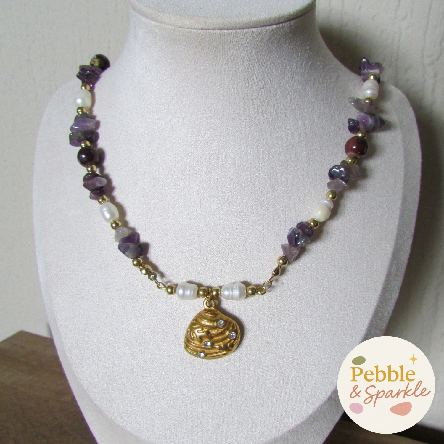 Pebble & Sparkle Amethyst  Shell Gold Bar Necklace
