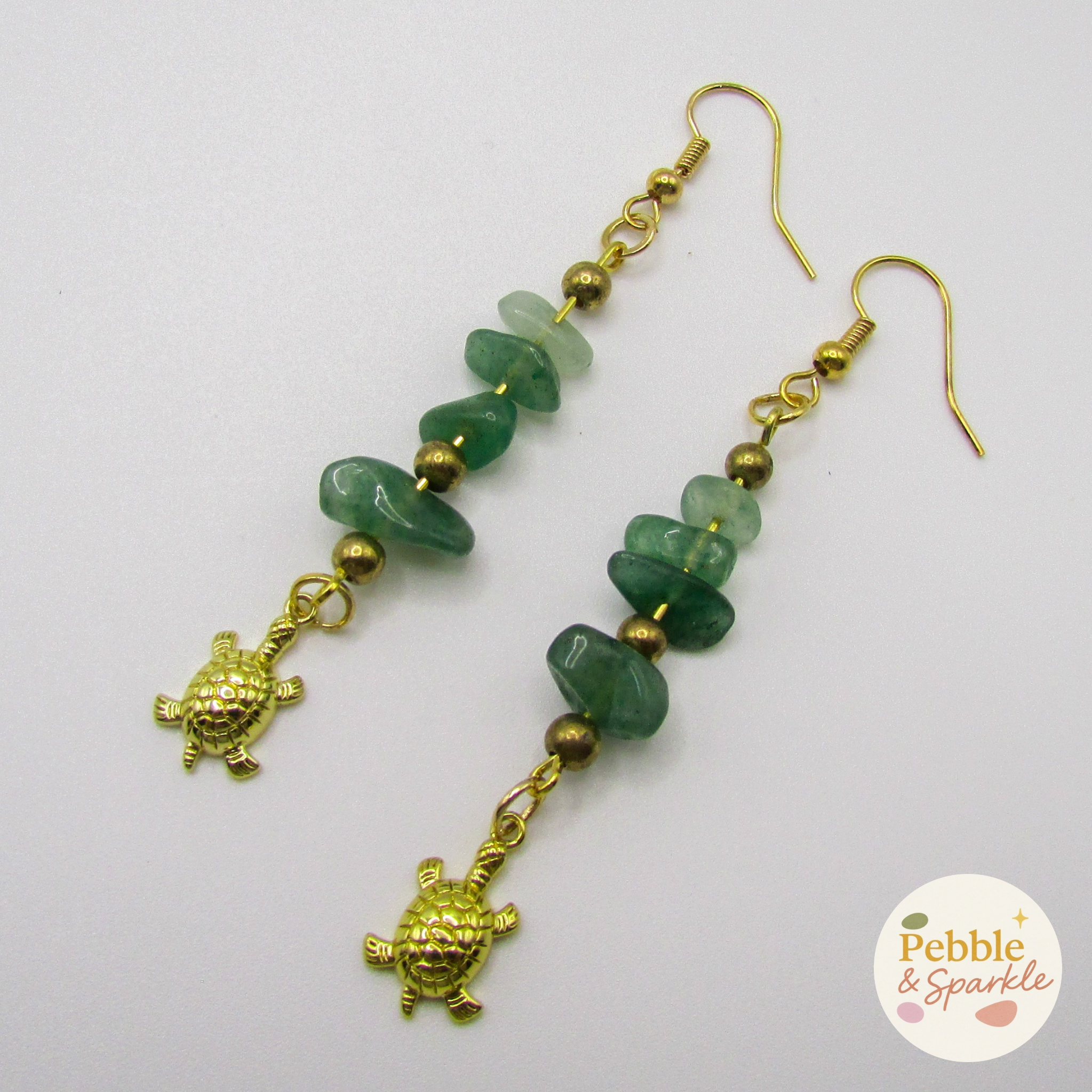 Pebble & Sparkle Green Aventurine Gold Turtle Drop Earrings