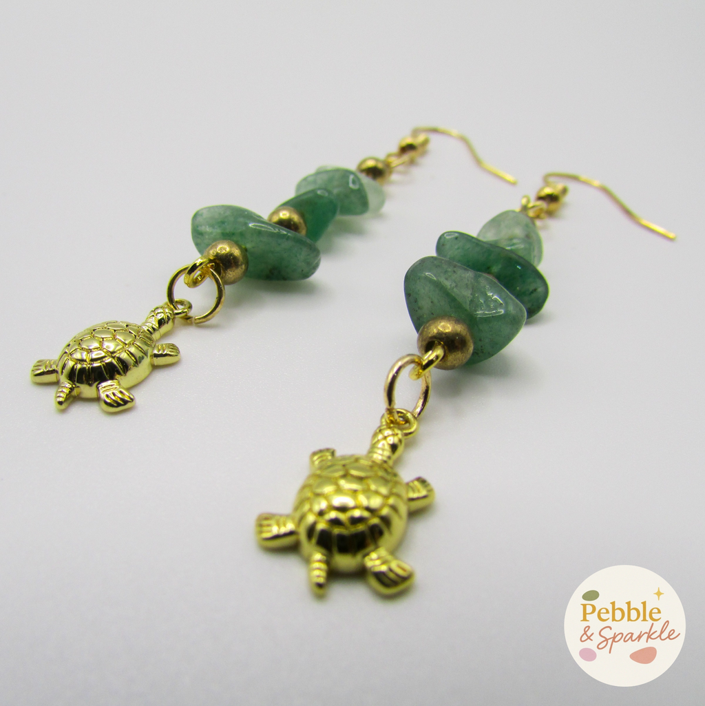 Pebble & Sparkle Green Aventurine Gold Turtle Drop Earrings