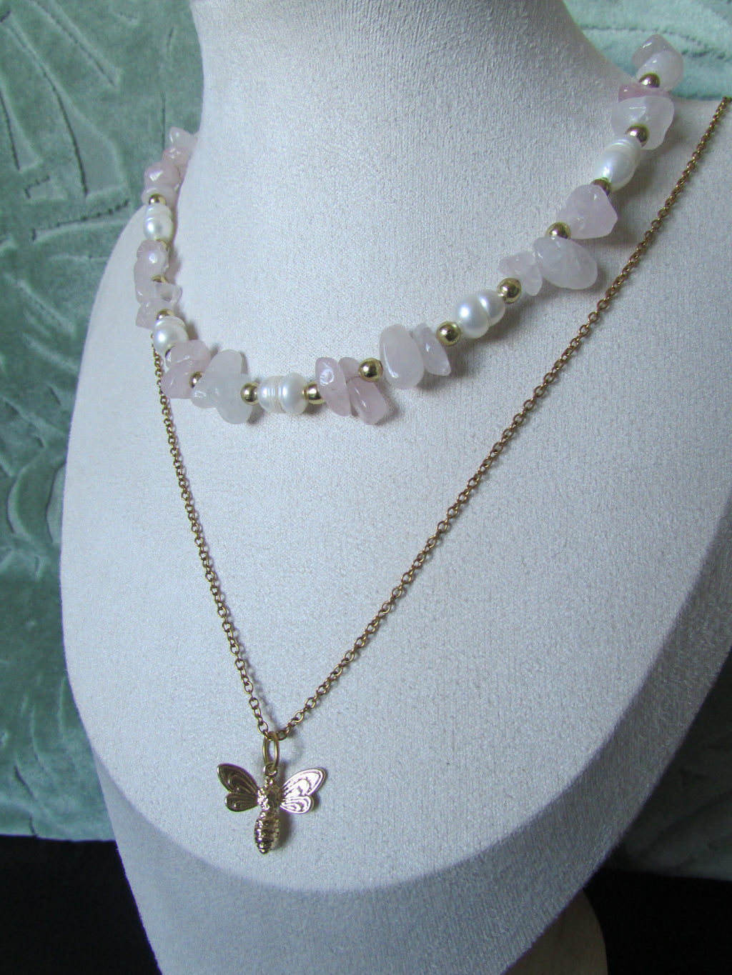 Pebble & Sparkle Rose Quartz, Pearl and Gold Double Layered Bee Necklace