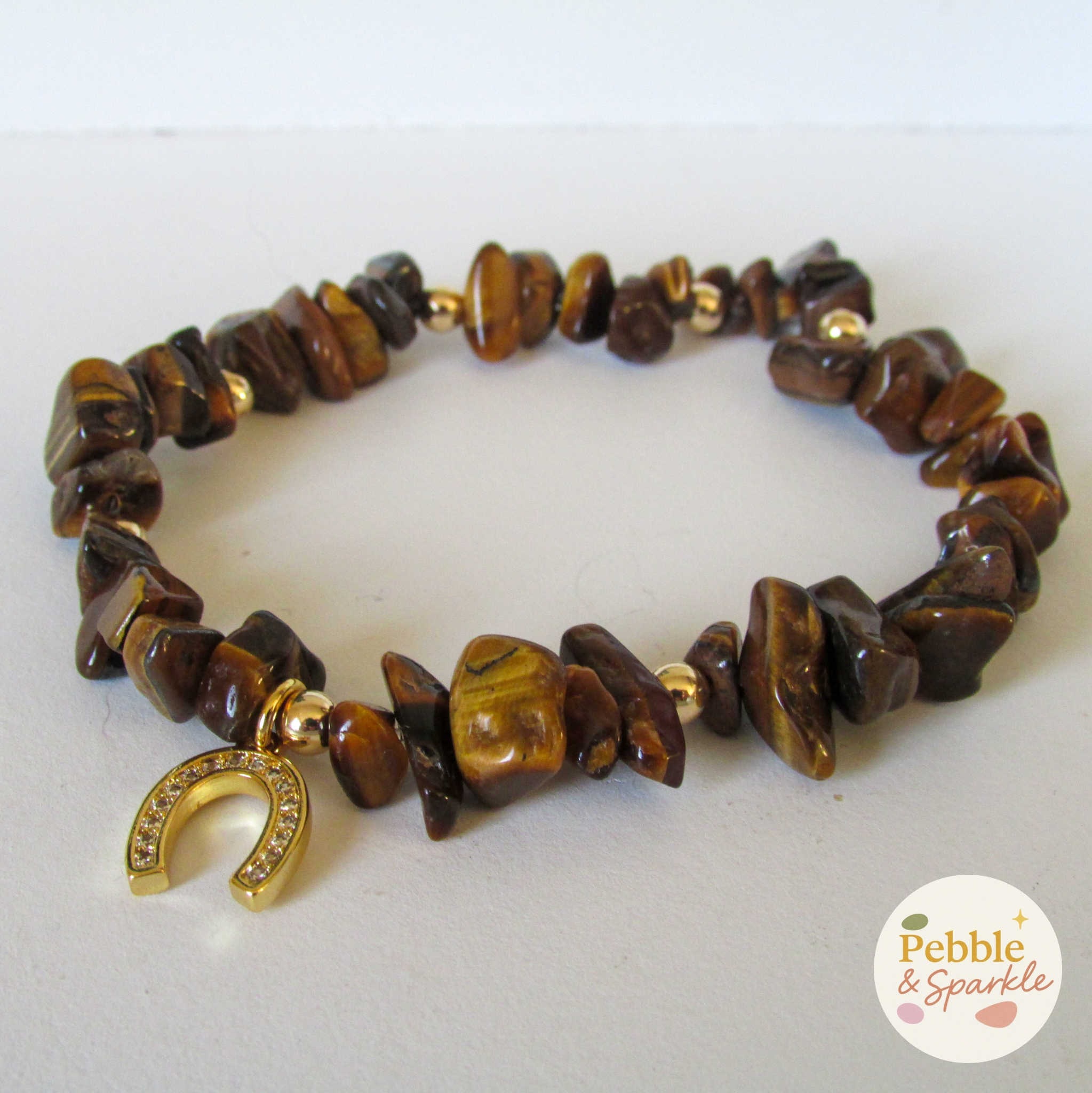 Pebble & Sparkle Tigers Eye and Gold Horseshoe Stretch Bracelet
