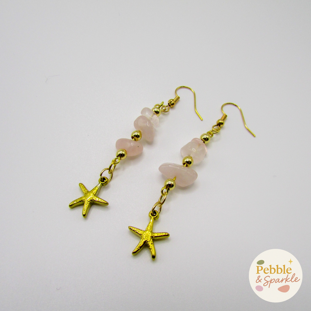 Pebble & Sparkle Rose Quartz Gold Starfish Drop Earrings