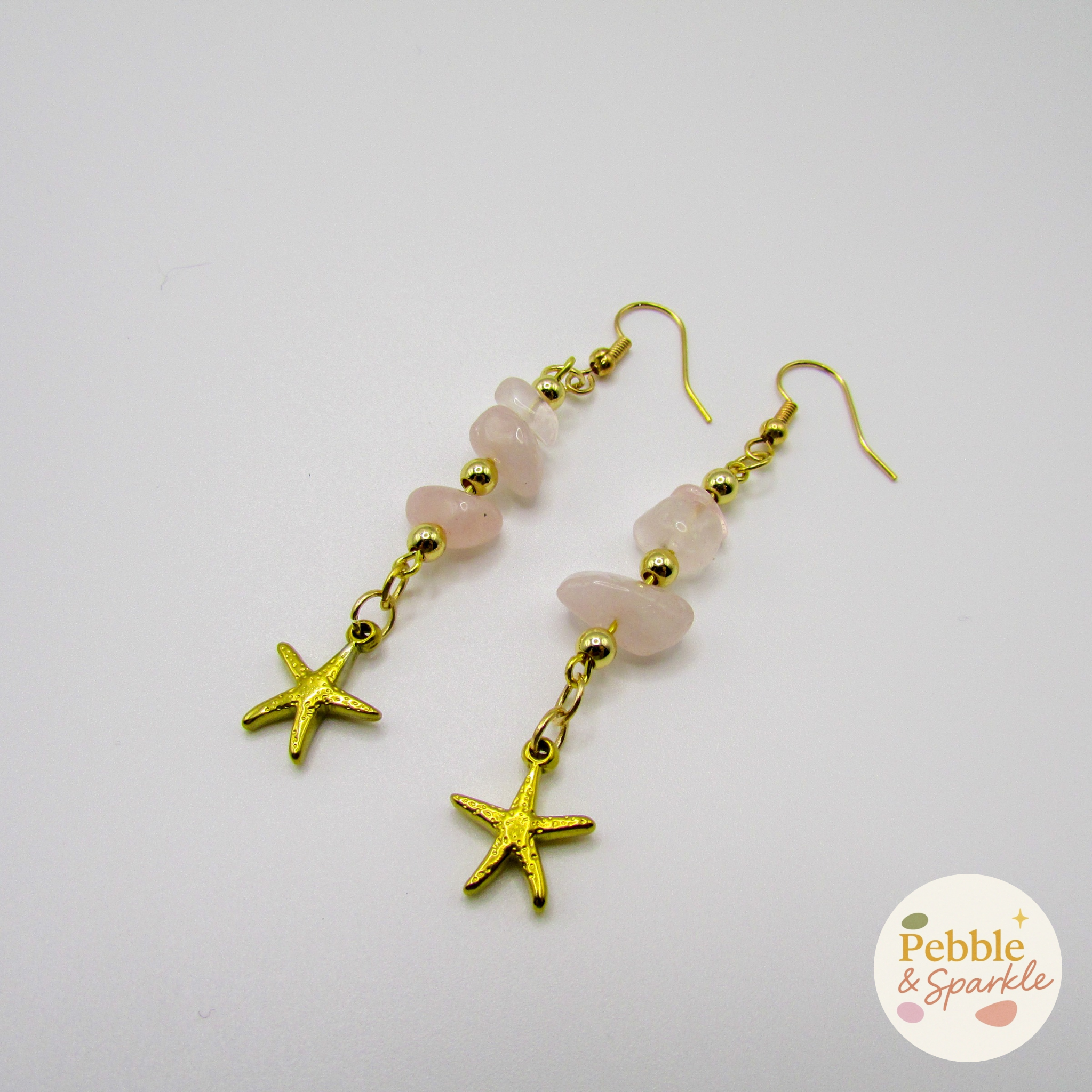Pebble & Sparkle Rose Quartz Gold Starfish Drop Earrings