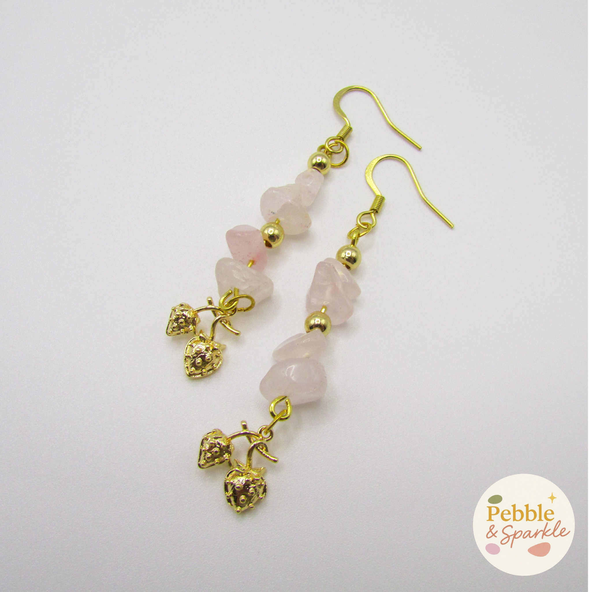 Pebble & Sparkle Rose Quartz Strawberry Gold Drop Earrings
