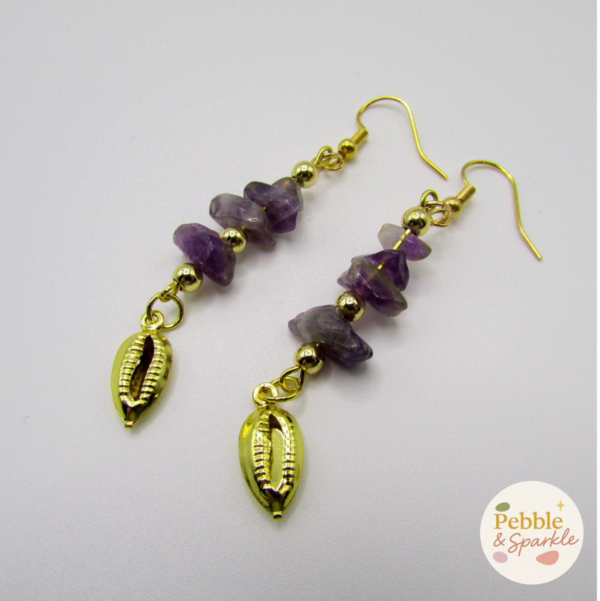 Pebble & Sparkle Amethyst Gold Shell Drop Earrings
