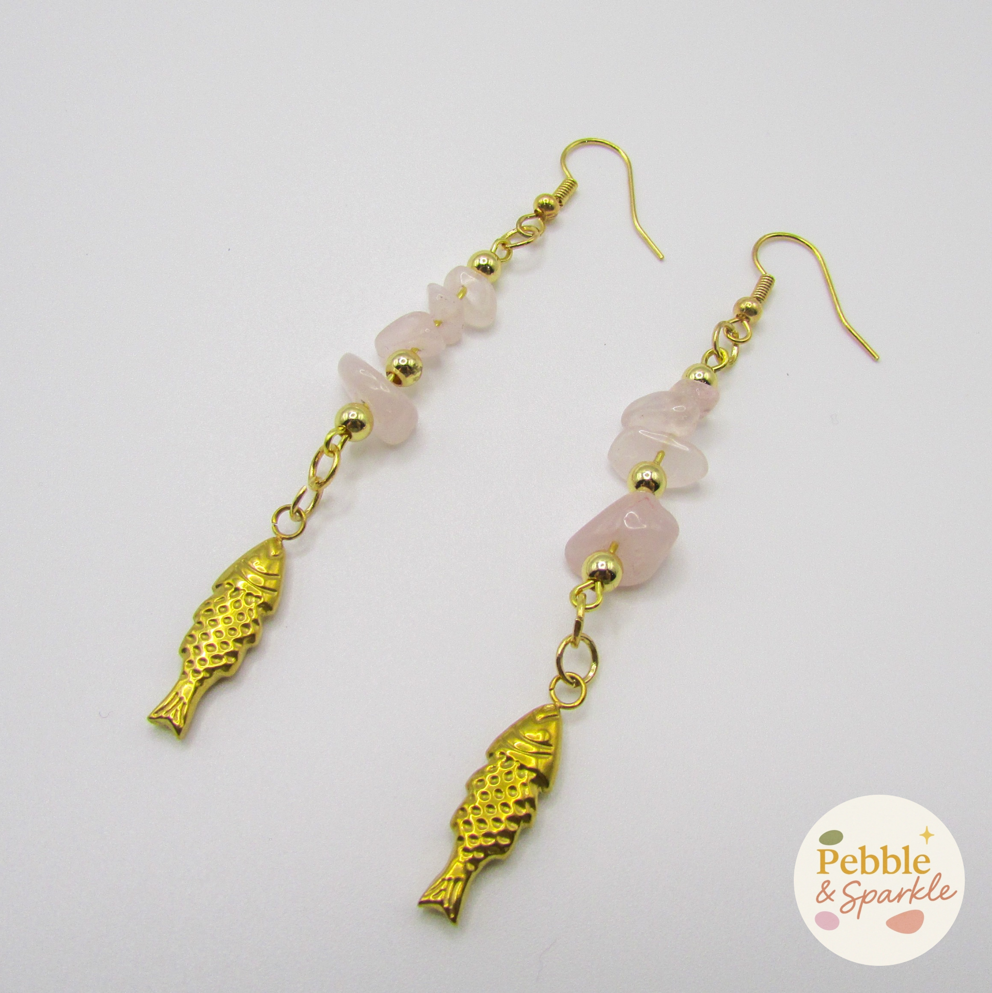 Pebble & Sparkle Rose Quartz Gold Fish Drop Earrings