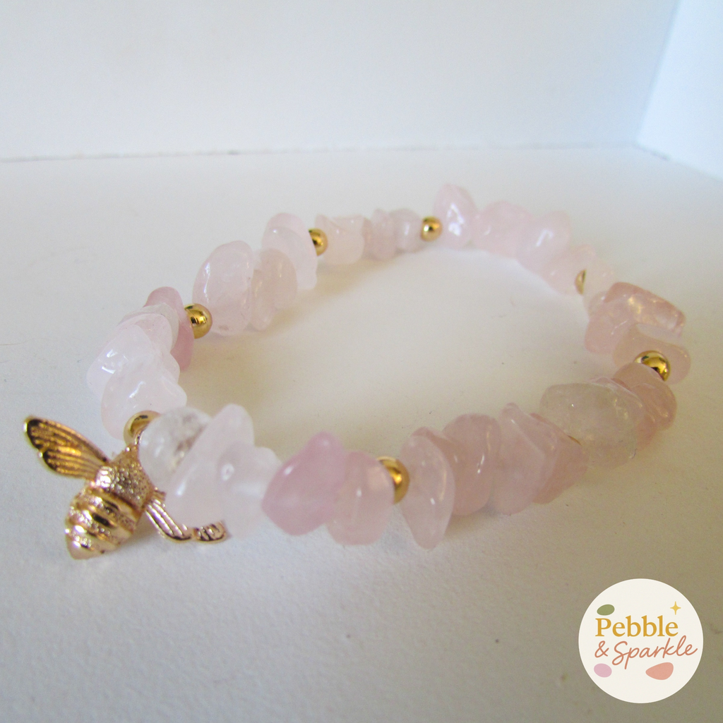 Pebble & Sparkle Rose Quartz and Gold Bee Stretch Bracelet