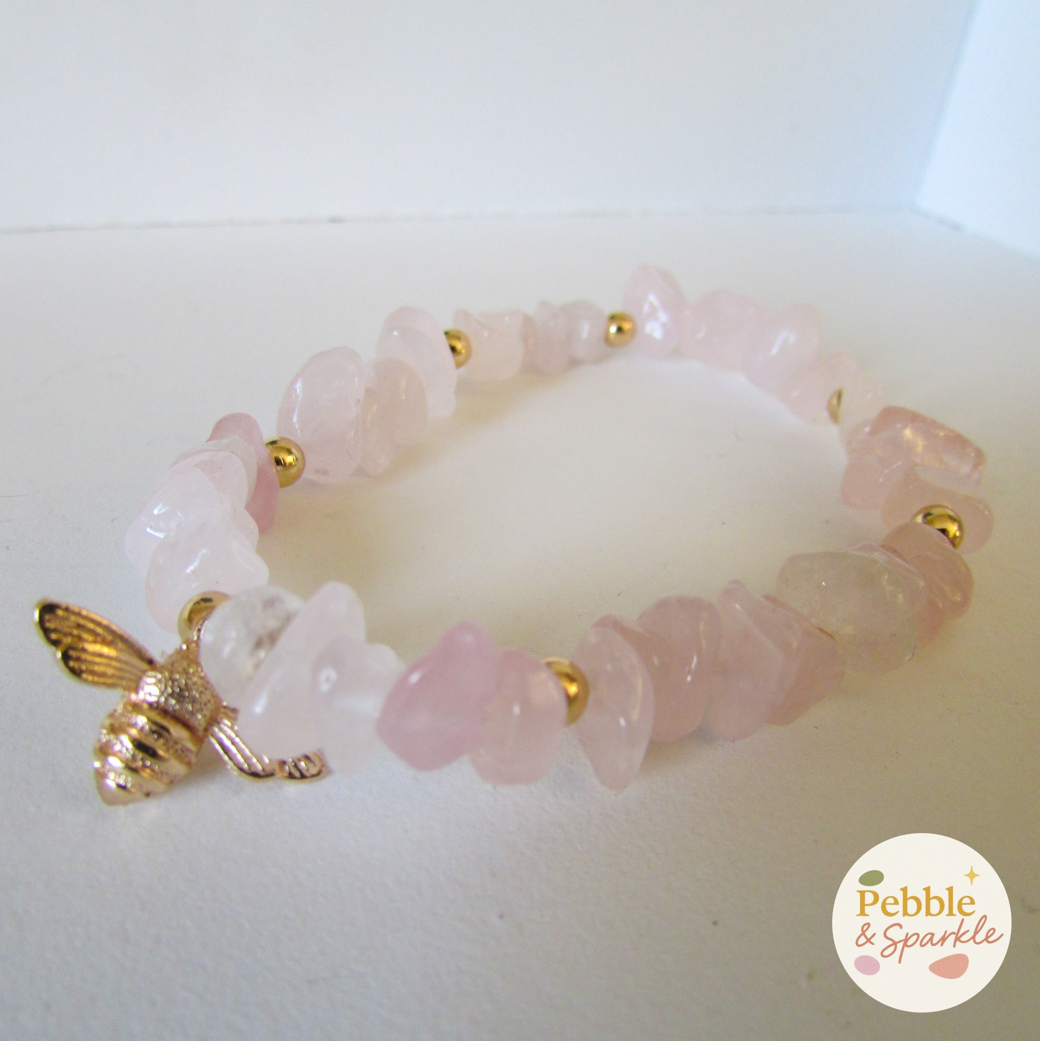 Pebble & Sparkle Rose Quartz and Gold Bee Stretch Bracelet