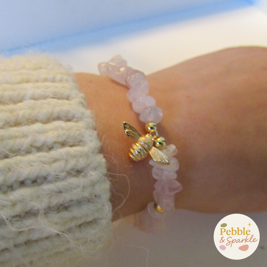 Pebble & Sparkle Rose Quartz and Gold Bee Stretch Bracelet