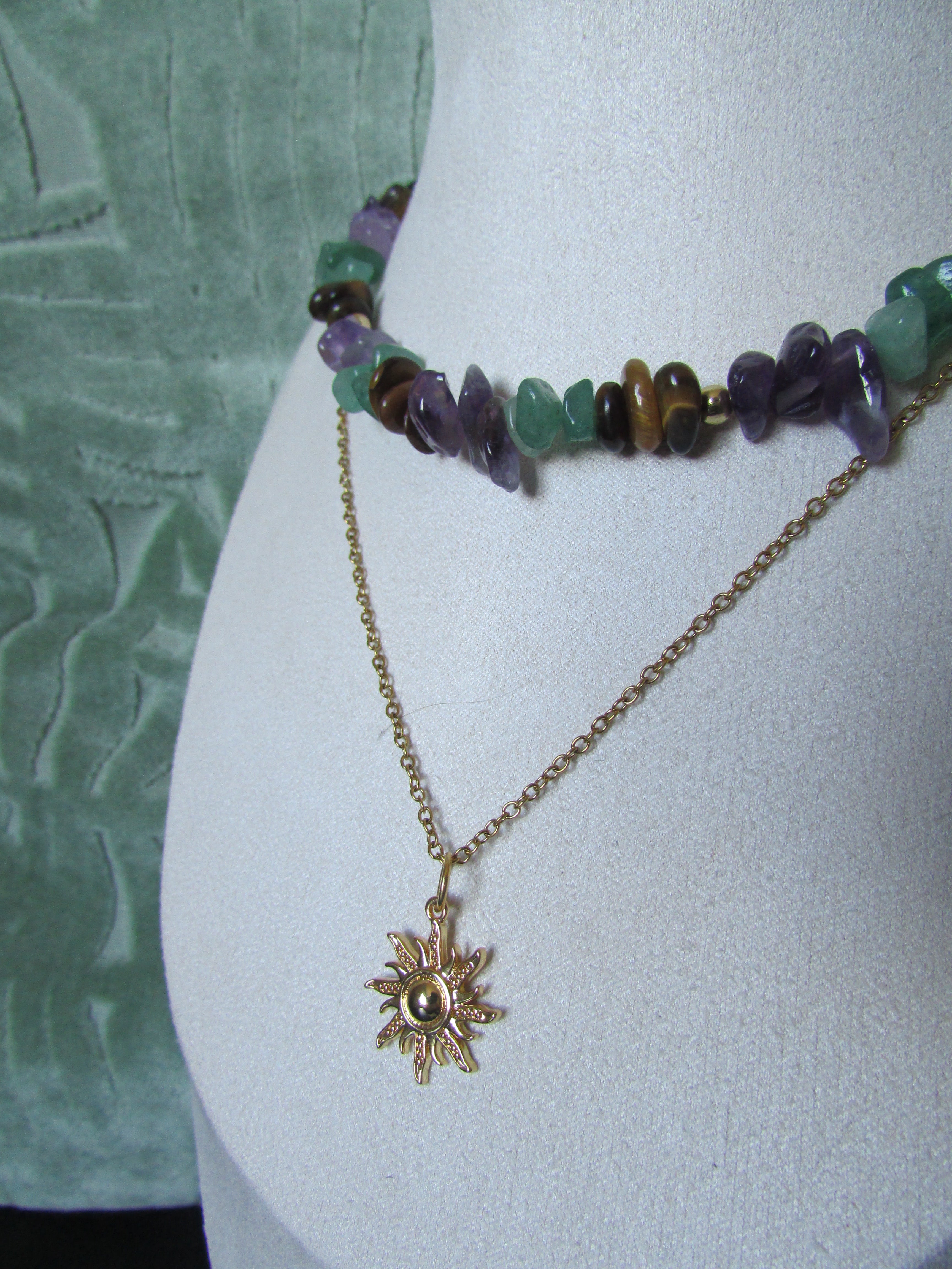 Pebble & Sparkle Tigers Eye, Amethyst and Green Aventurine Forest Double Layered Sun Necklace