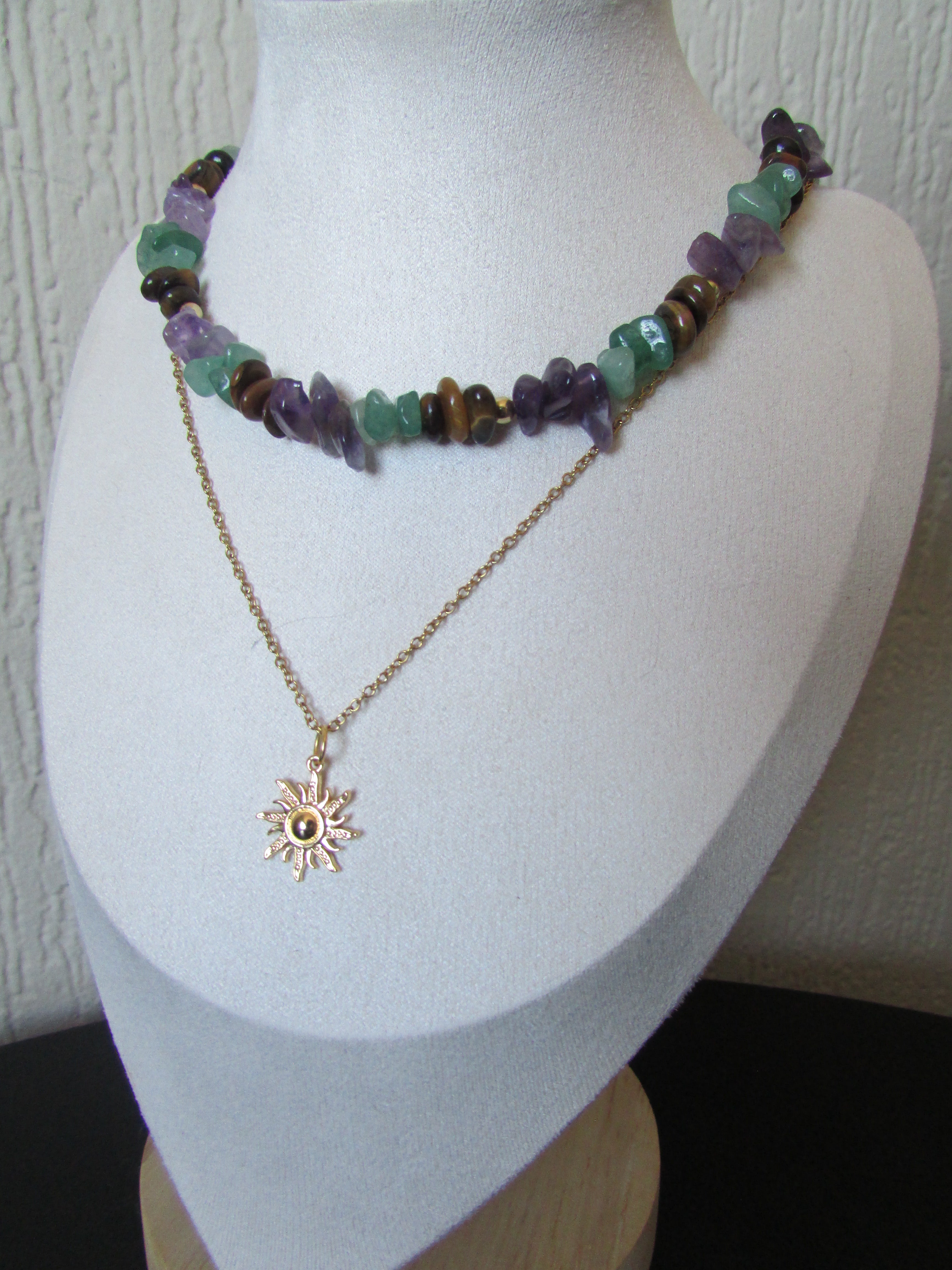 Pebble & Sparkle Tigers Eye, Amethyst and Green Aventurine Forest Double Layered Sun Necklace