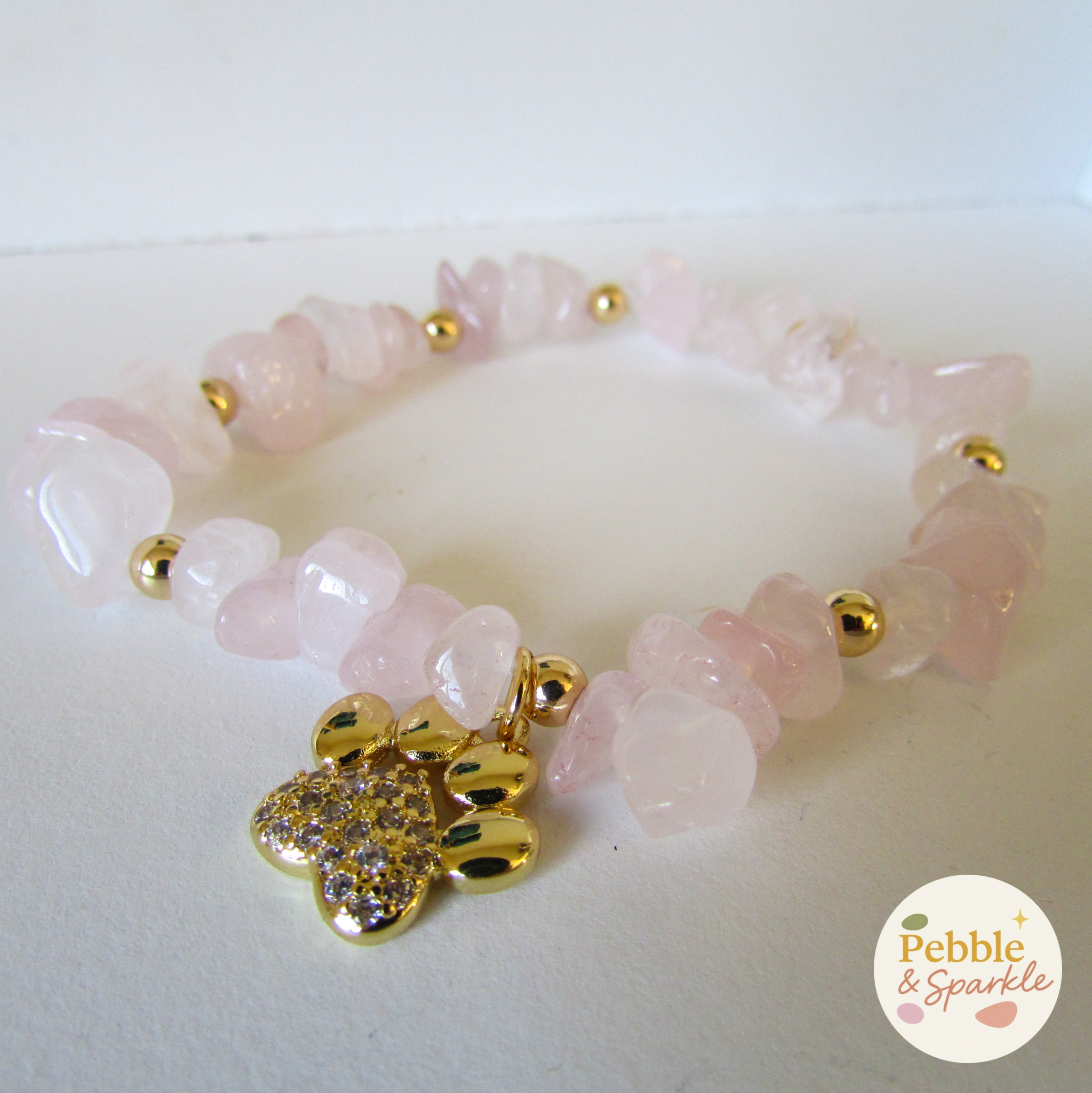 Pebble & Sparkle Rose Quartz and Gold Paw Stretch Bracelet