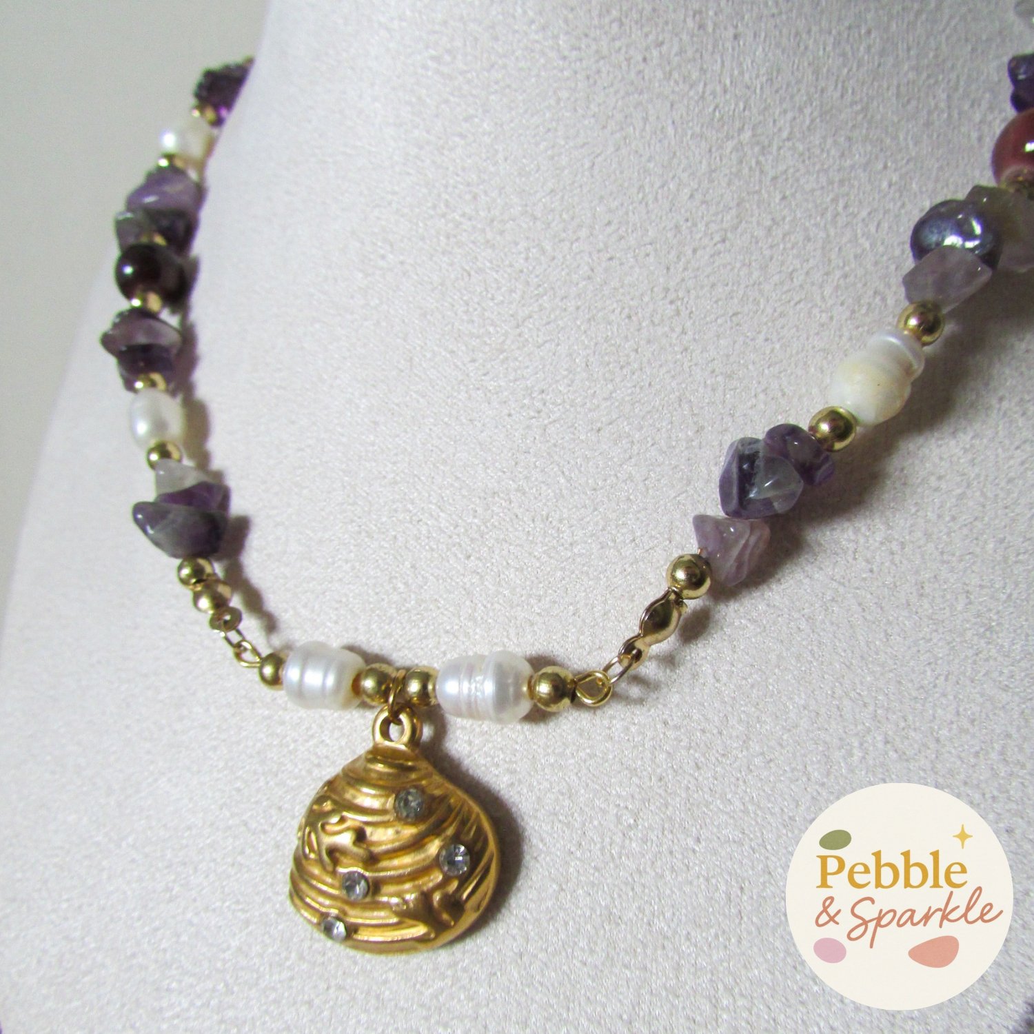 Pebble & Sparkle Amethyst  Shell Gold Bar Necklace