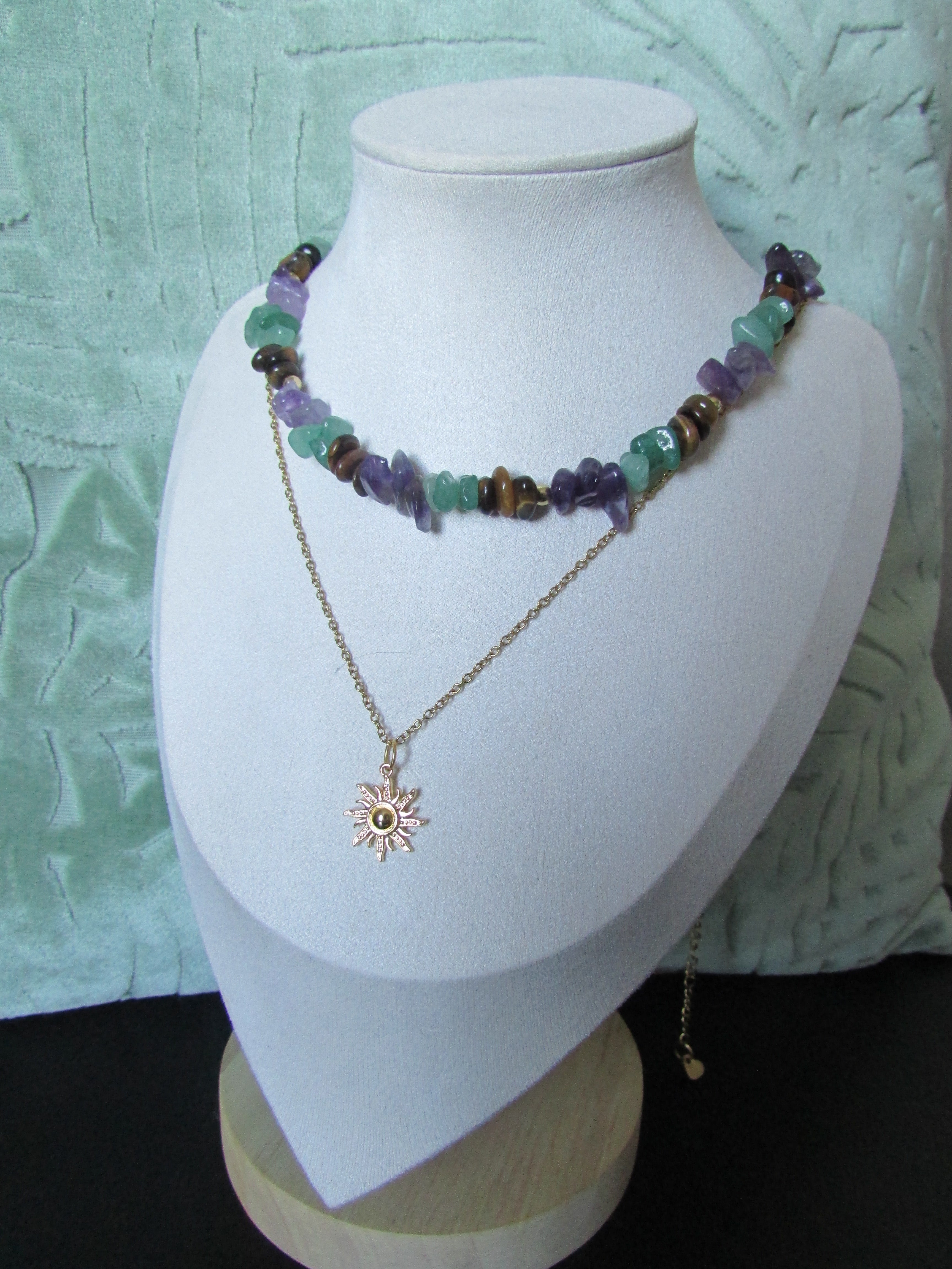 Pebble & Sparkle Tigers Eye, Amethyst and Green Aventurine Forest Double Layered Sun Necklace