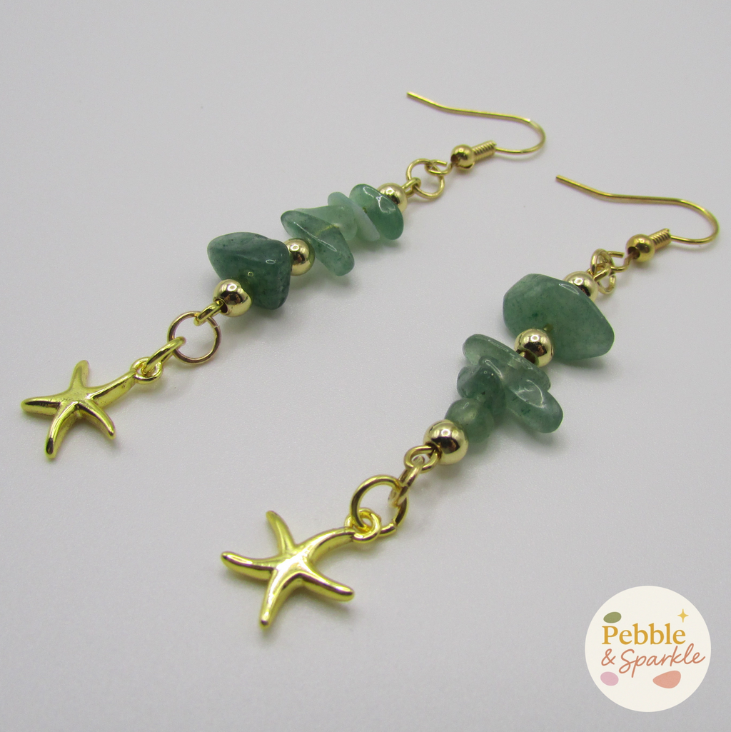 Pebble & Sparkle Green Aventurine Gold Starfish Drop Earrings