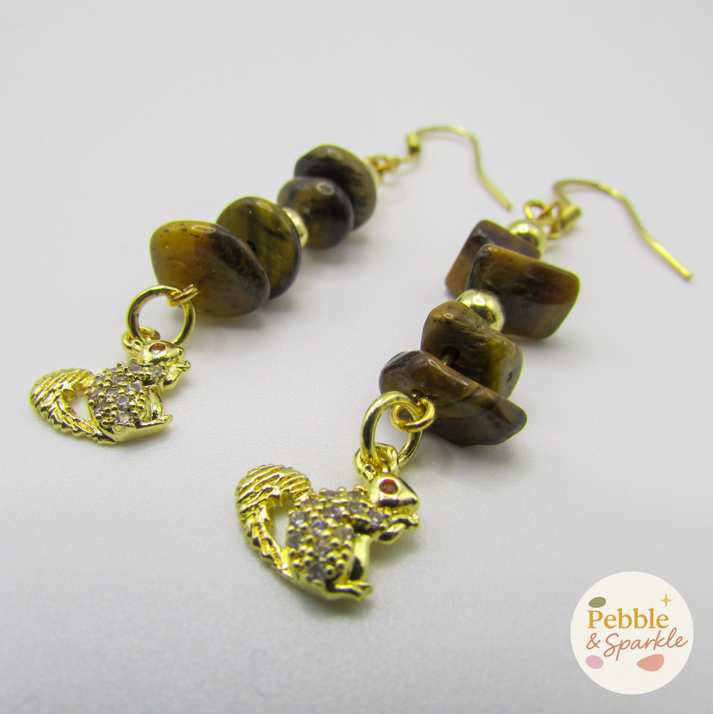 Pebble & Sparkle Tigers Eye Gold Squirrel Drop Earrings
