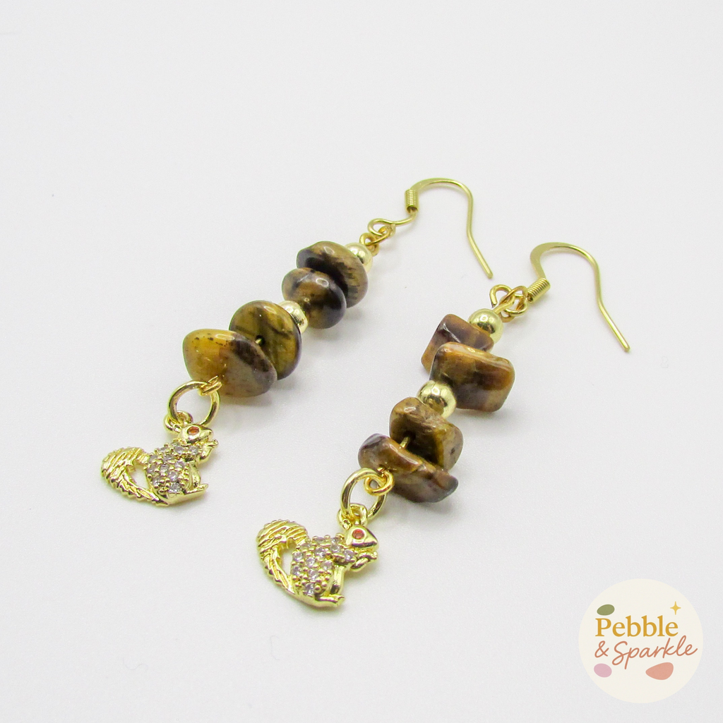 Pebble & Sparkle Tigers Eye Gold Squirrel Drop Earrings