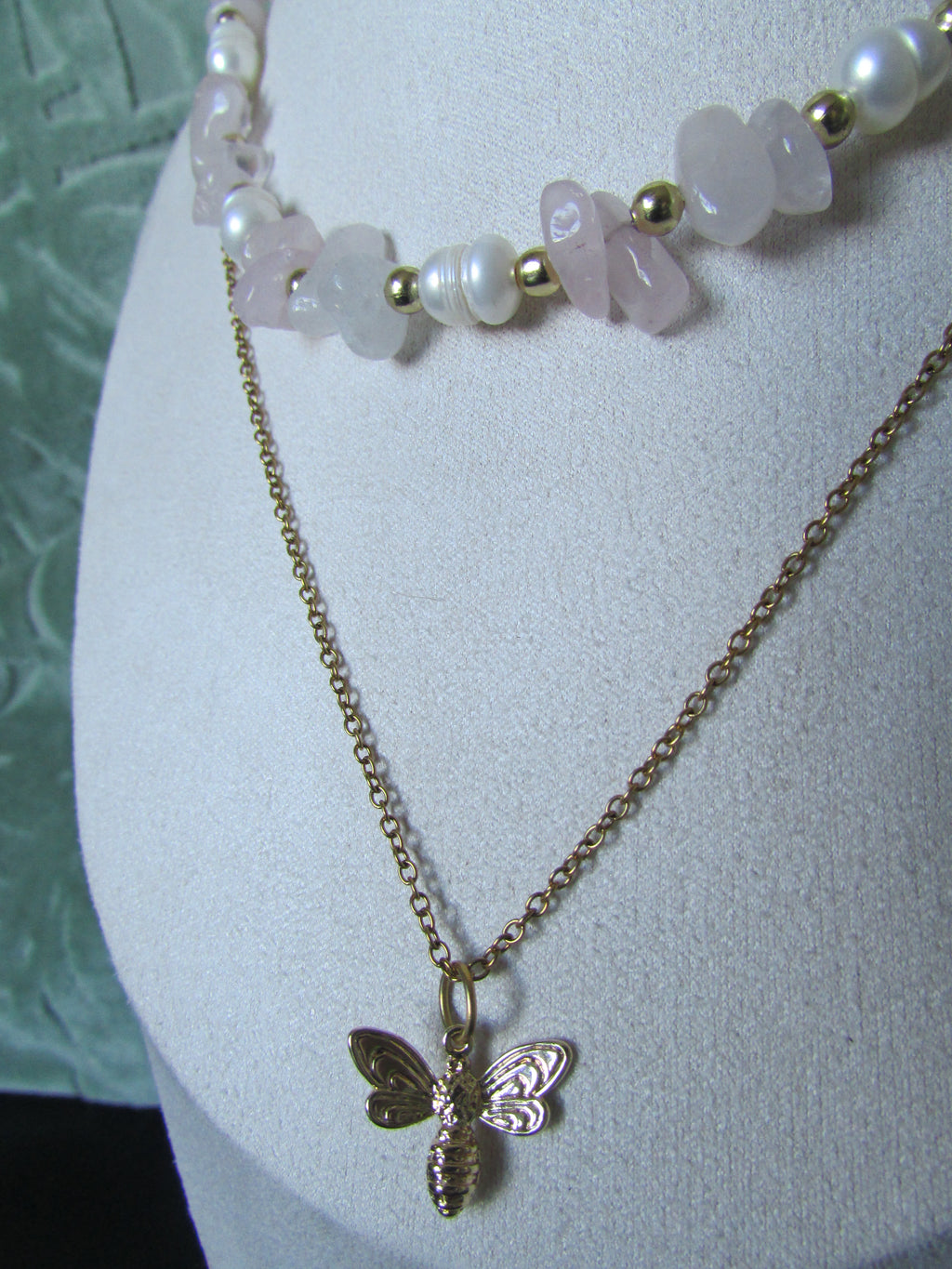 Pebble & Sparkle Rose Quartz, Pearl and Gold Double Layered Bee Necklace