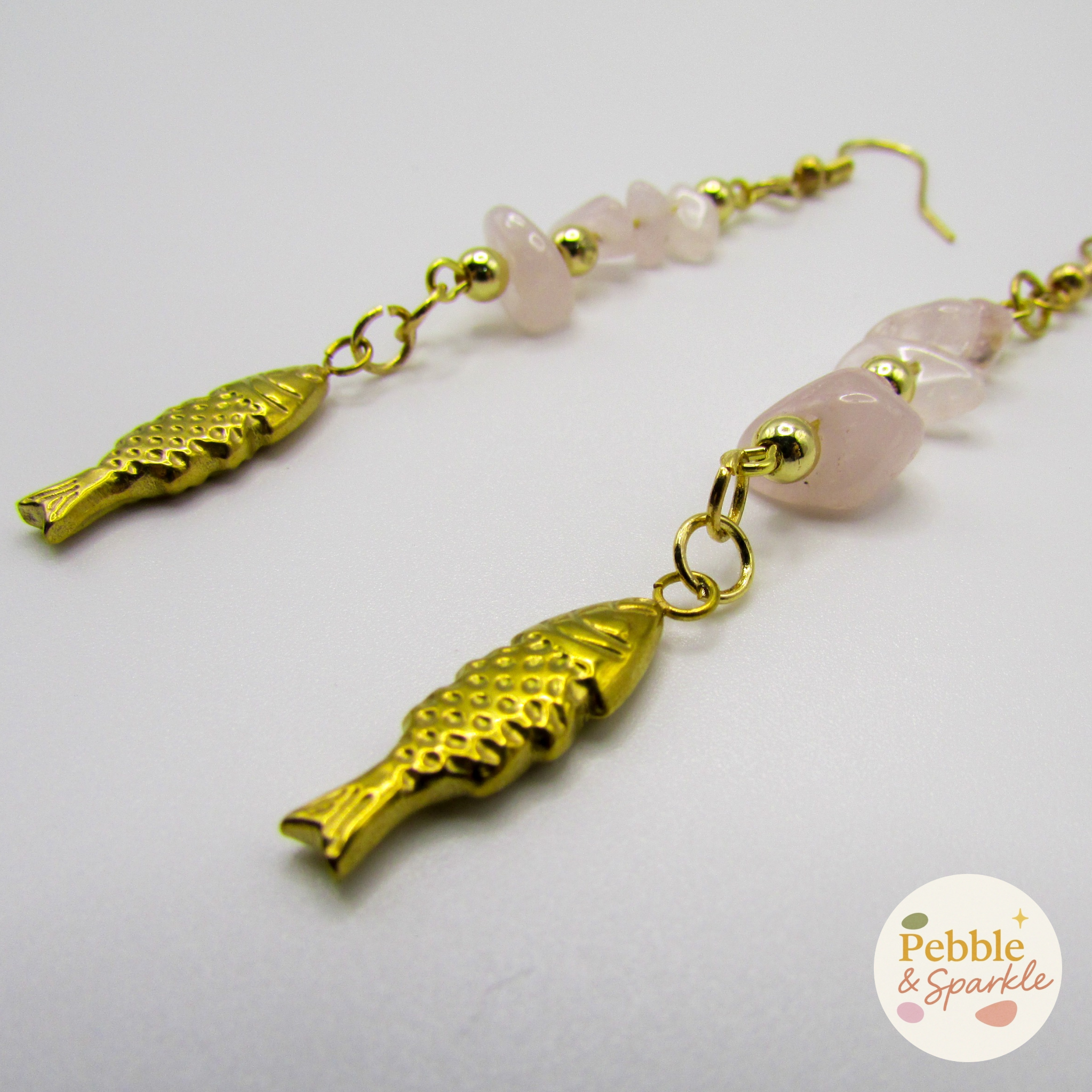 Pebble & Sparkle Rose Quartz Gold Fish Drop Earrings