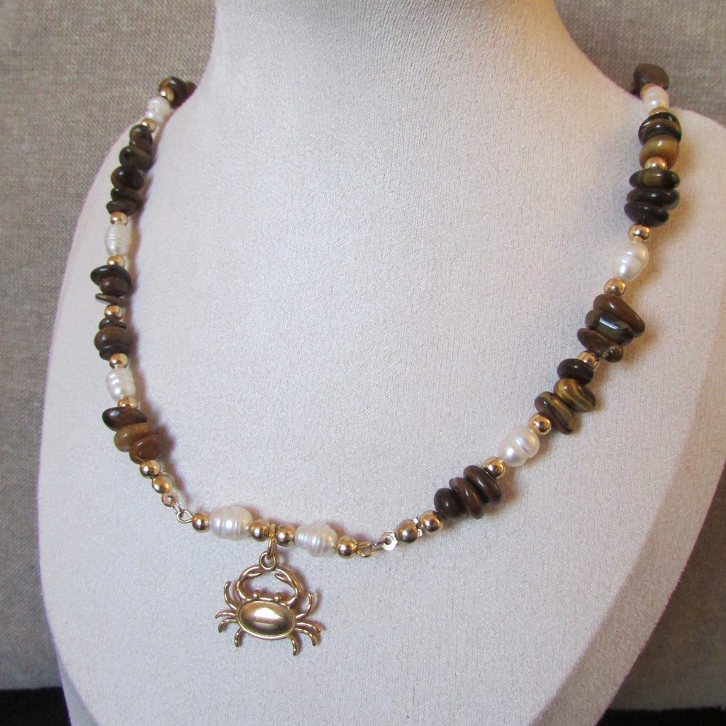 Pebble & Sparkle Tigers Eye and Freshwater Pearl Crab Bar Necklace