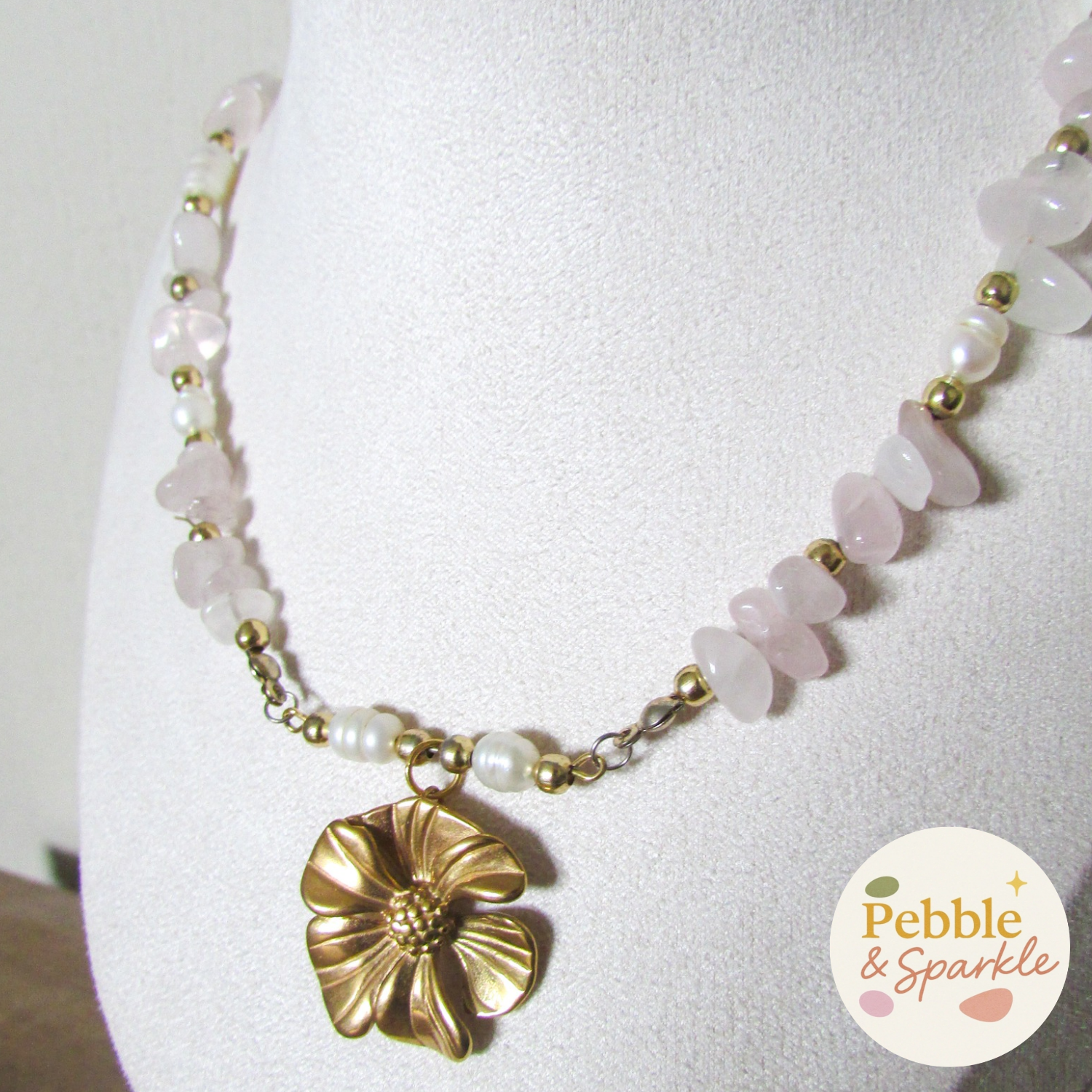 Pebble & Sparkle Rose Quartz and Freshwater Pearl Gold Flower Bar Necklace