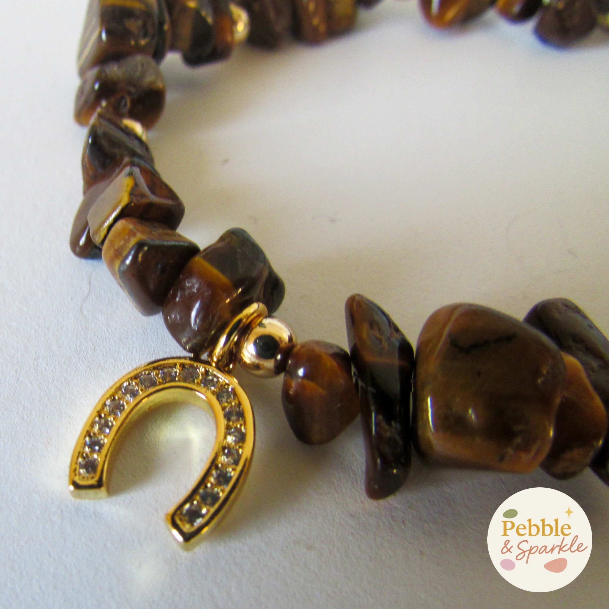 Pebble & Sparkle Tigers Eye and Gold Horseshoe Stretch Bracelet