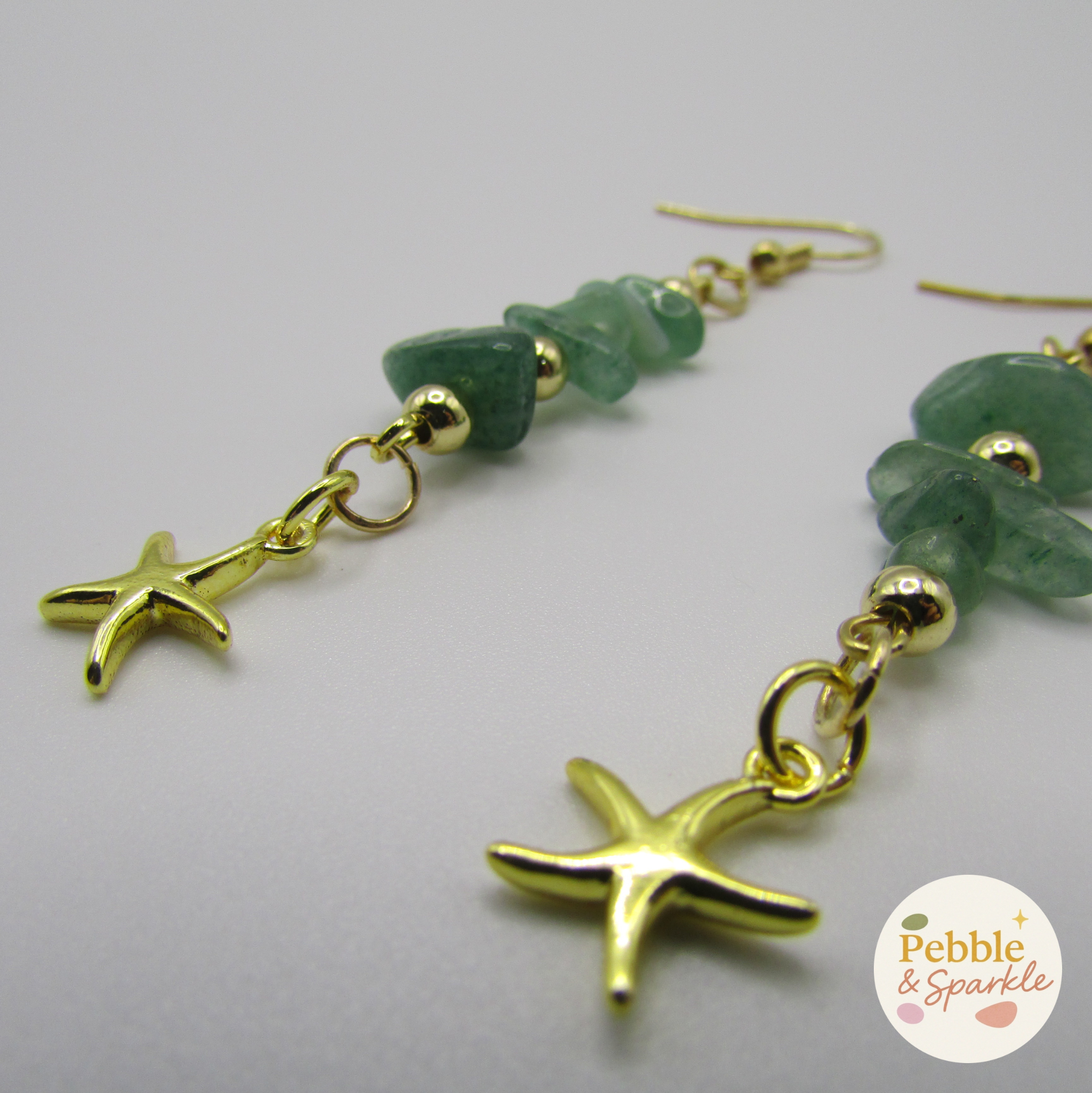 Pebble & Sparkle Green Aventurine Gold Starfish Drop Earrings