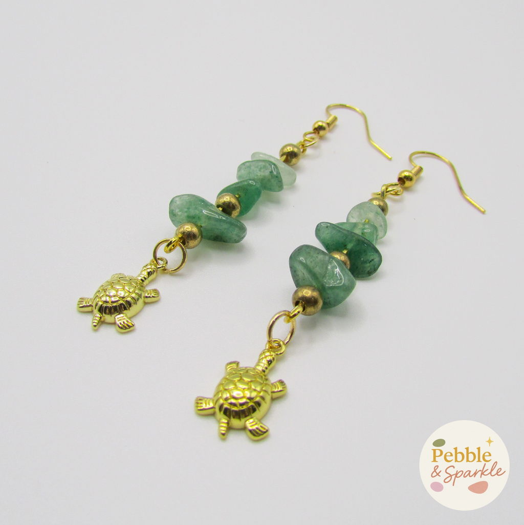Pebble & Sparkle Green Aventurine Gold Turtle Drop Earrings