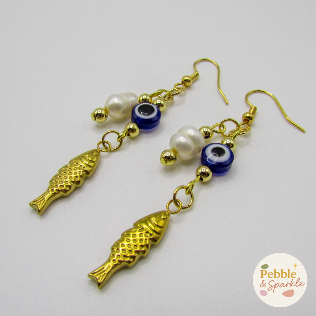 Pebble & Sparkle Evil Eye, Freshwater Pearl and Gold Fish Dangle Earrings
