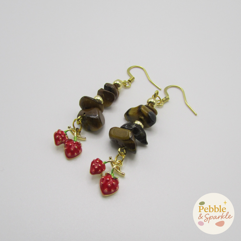 Pebble & Sparkle Tigers Eye Gold Strawberry Drop Earrings