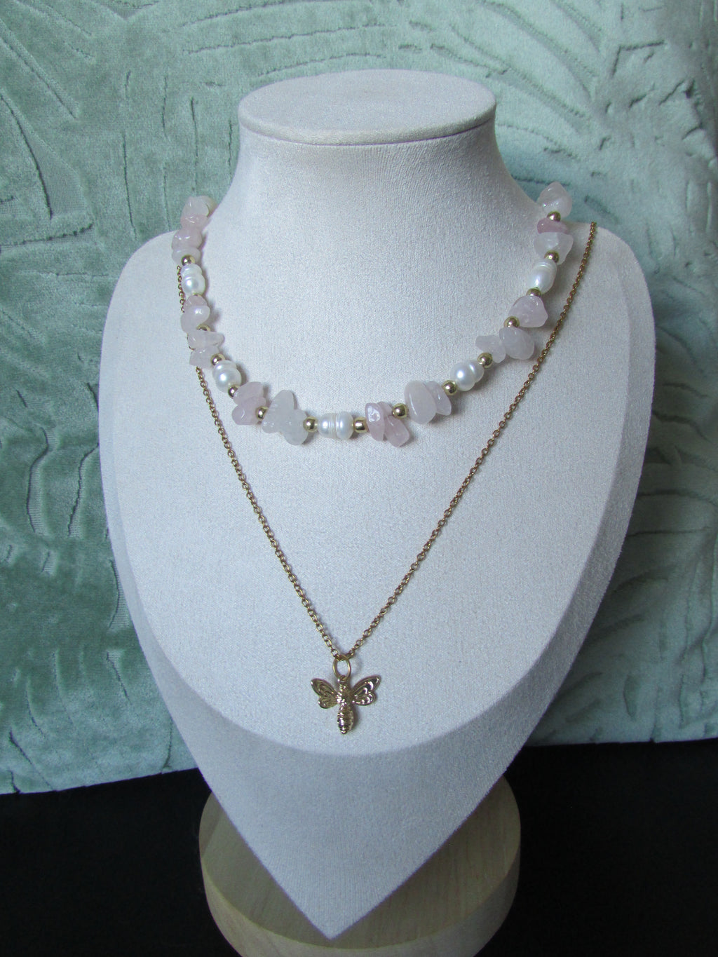 Pebble & Sparkle Rose Quartz, Pearl and Gold Double Layered Bee Necklace