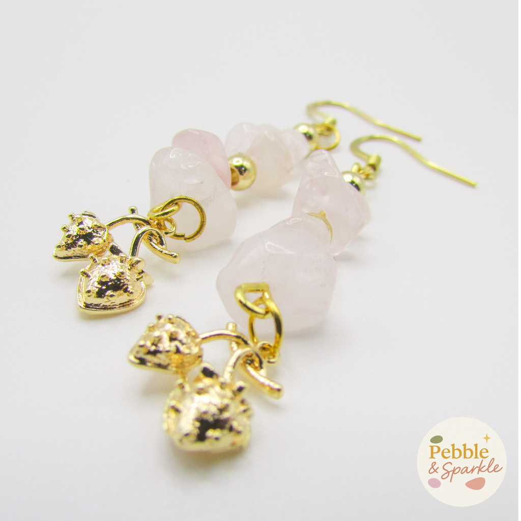 Pebble & Sparkle Rose Quartz Strawberry Gold Drop Earrings
