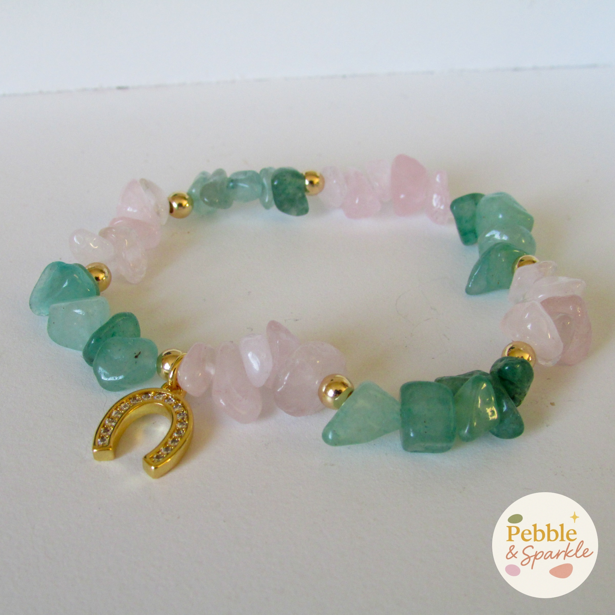 Pebble & Sparkle Rose Quartz and Green Aventurine Gold Horseshoe Stretch Bracelet