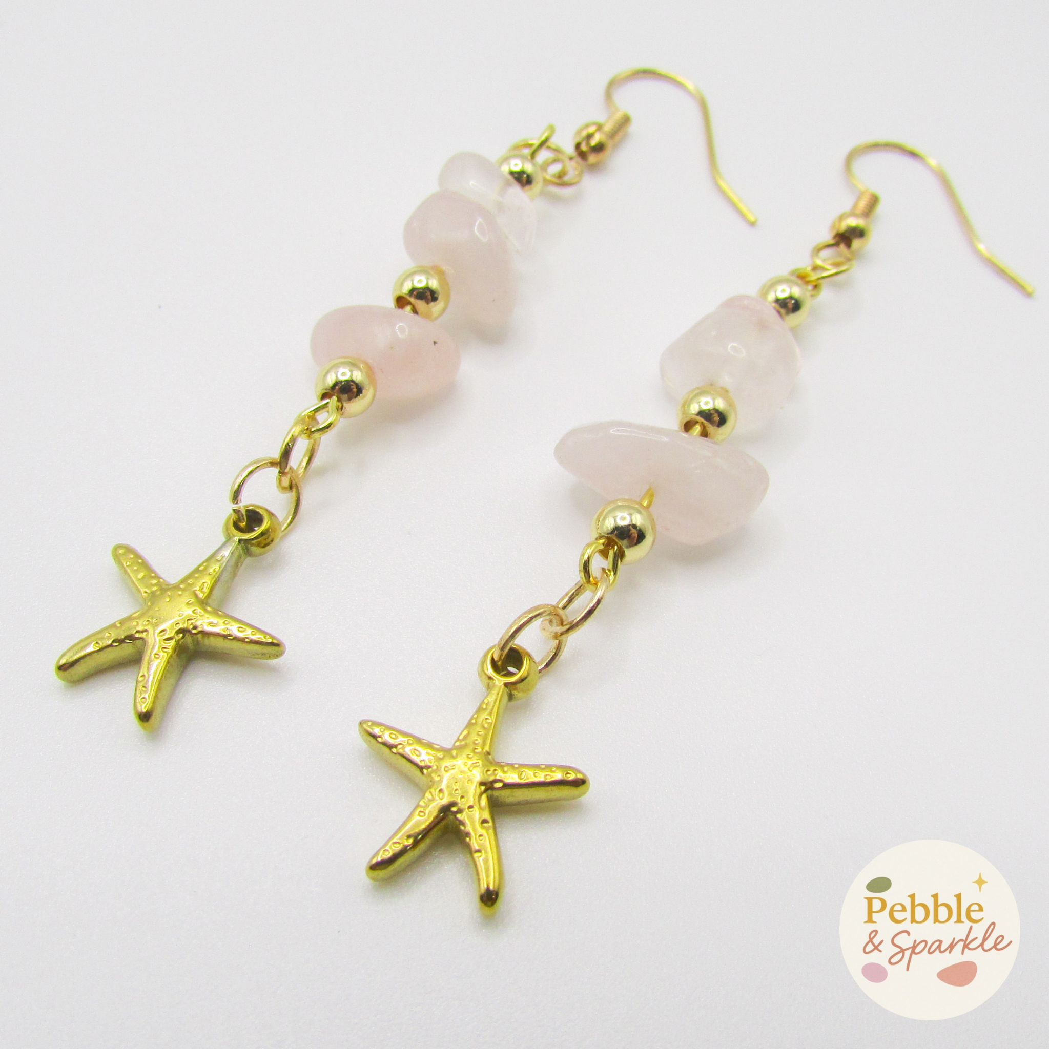 Pebble & Sparkle Rose Quartz Gold Starfish Drop Earrings