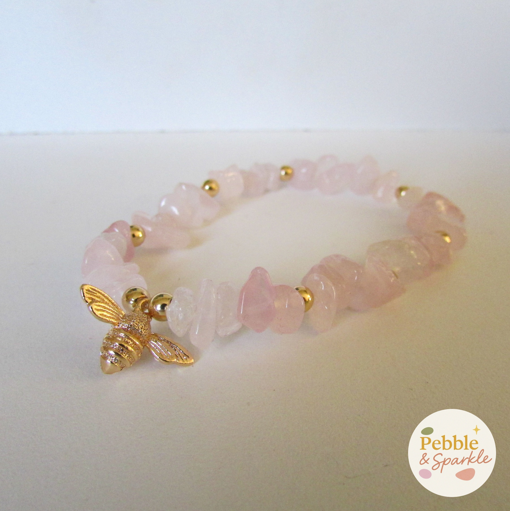 Pebble & Sparkle Rose Quartz and Gold Bee Stretch Bracelet