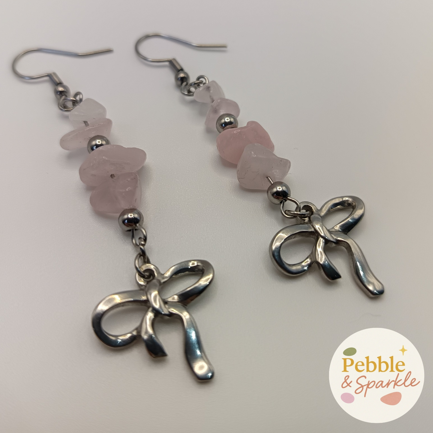 Pebble & Sparkle Rose Quartz Silver Bow Drop Earrings