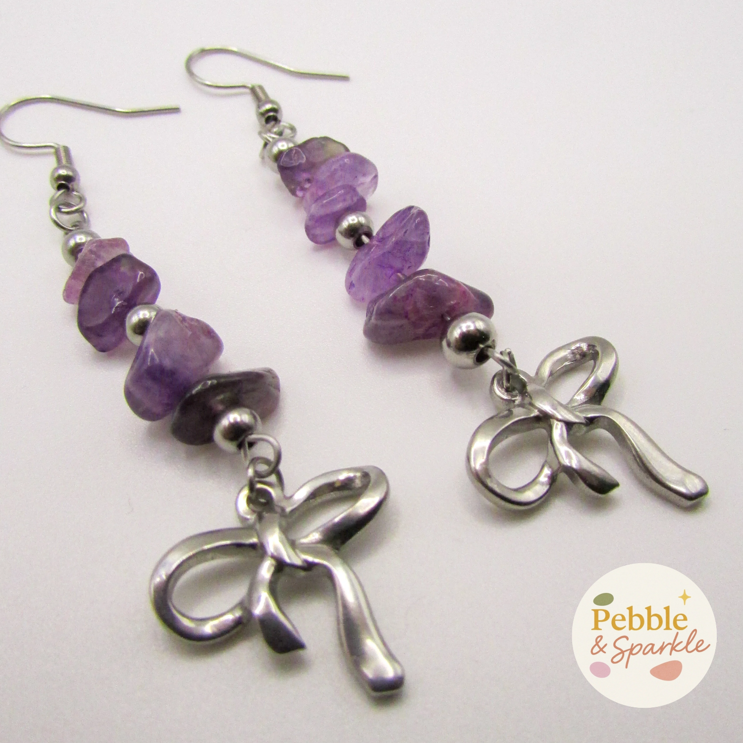 Pebble & Sparkle Amethyst Silver Bow Drop Earrings