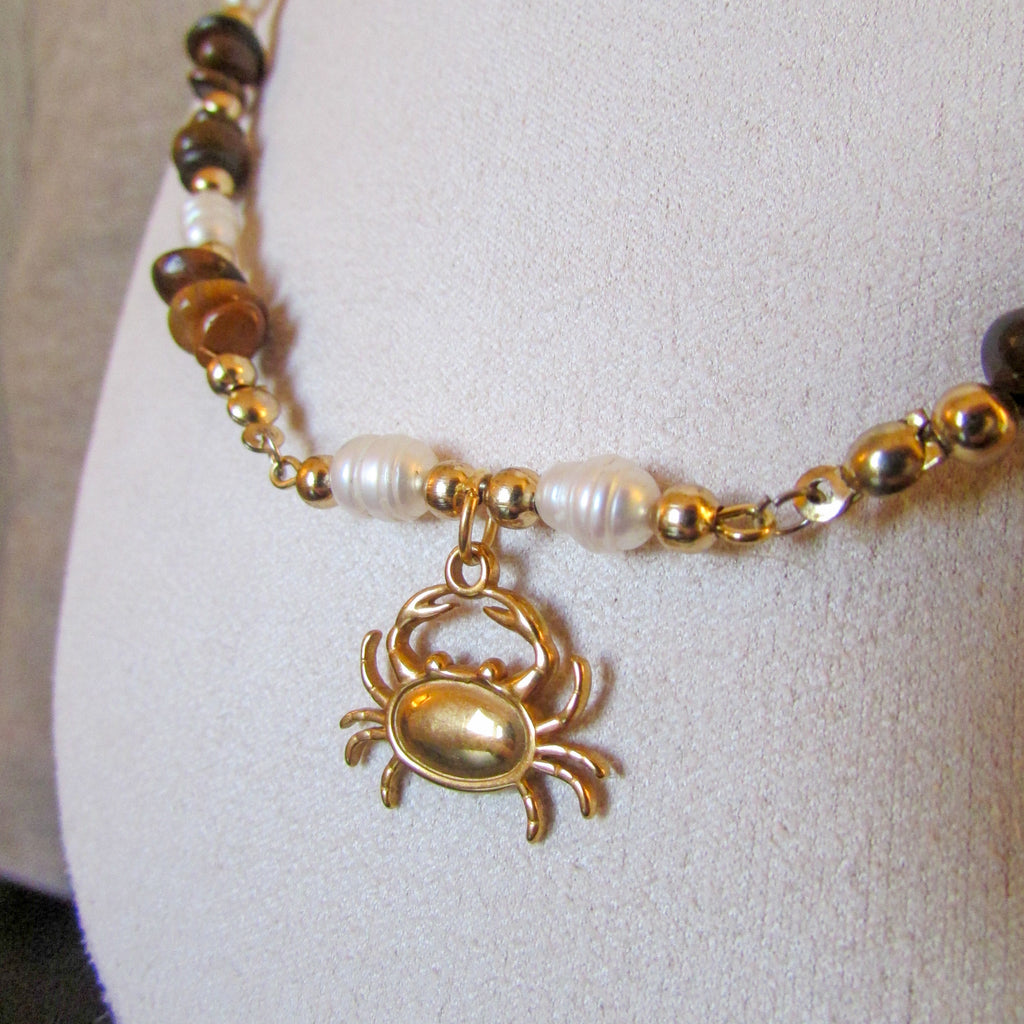 Pebble & Sparkle Tigers Eye and Freshwater Pearl Crab Bar Necklace