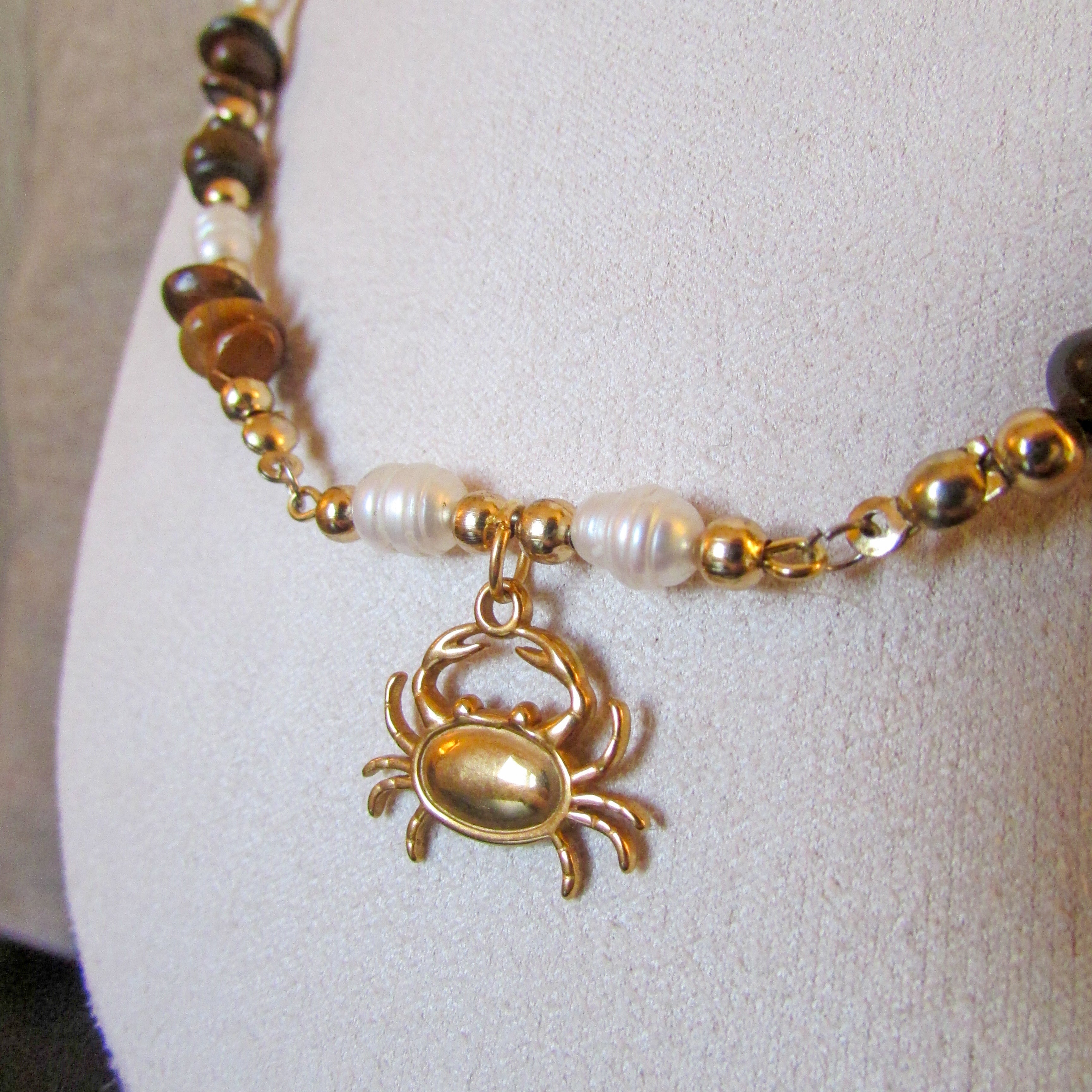 Pebble & Sparkle Tigers Eye and Freshwater Pearl Crab Bar Necklace
